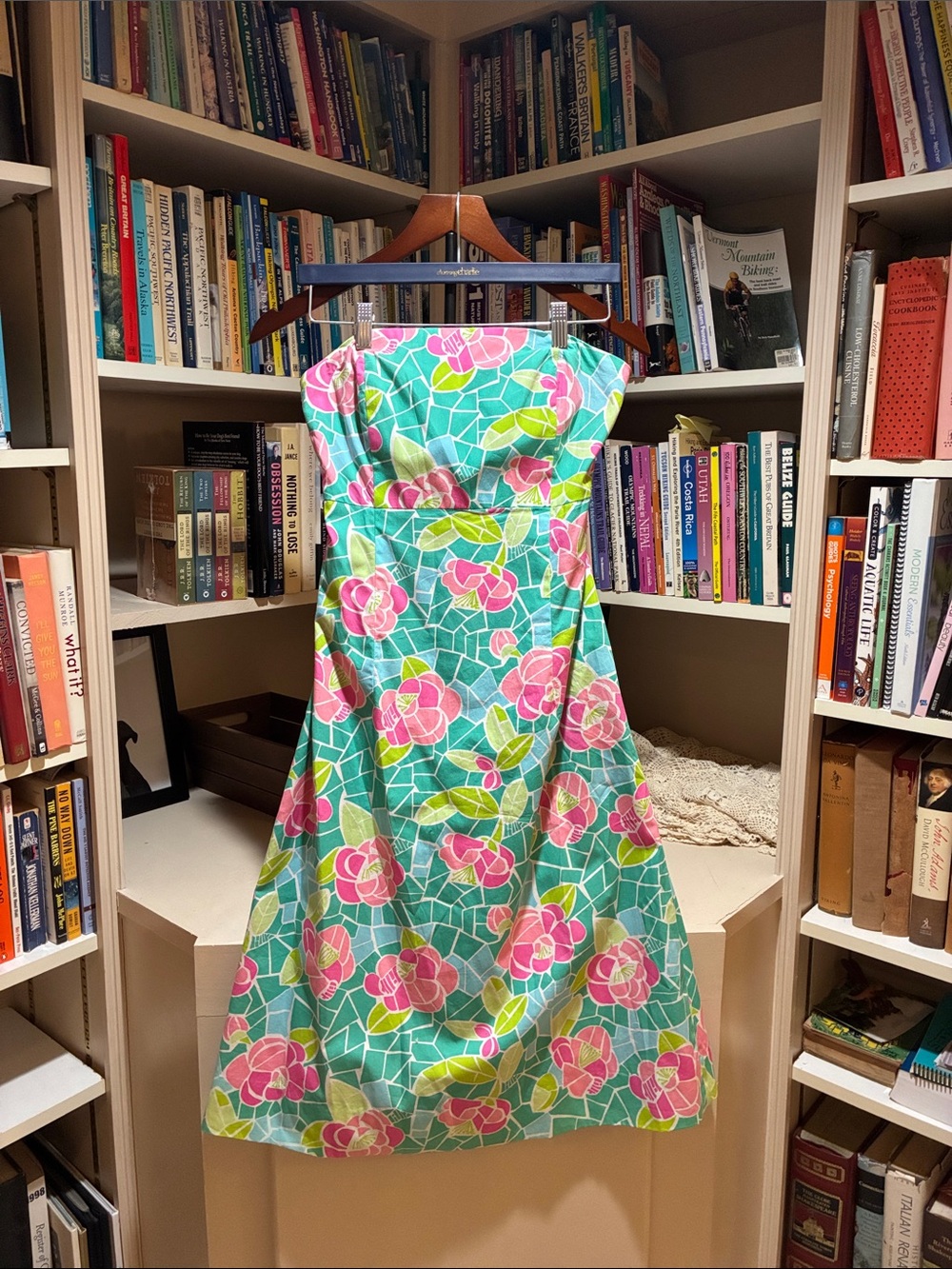 Lilly Pulitzer Strapless Aqua Pink Floral Cotton Maxi Dress Size 6